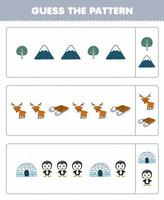 formazione scolastica gioco per bambini indovina il modello ogni riga a partire dal carino cartone animato albero montagna cervo slitta iglù pinguino stampabile inverno foglio di lavoro vettore
