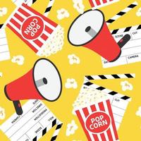 senza soluzione di continuità cinema modello su giallo sfondo. megafono, tromba parlante, megafono, soffio corno, o megafono, ciak, Popcorn. vettore illustrazione.