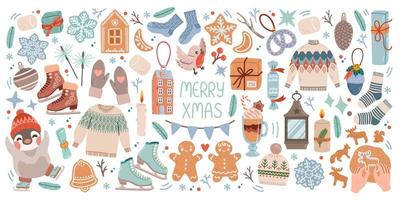 Natale grande impostato di elementi con biscotti, case, regali, maglione, pelliccia albero, ghirlande. adesivi impostare. mano disegnato stile vettore