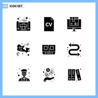 9 icone. solido stile creativo glifo simboli. nero solido icona cartello isolato su bianca sfondo. vettore