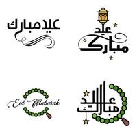 eid mubarak calligrafia imballare di 4 saluto messaggi sospeso stelle e Luna su isolato bianca sfondo religioso musulmano vacanza vettore