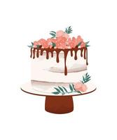 nozze torta decorato con rosa fiore e le foglie. festivo vaniglia dolce con rosa brina e con cioccolato glassatura. vettore illustrazione isolato su il bianca sfondo