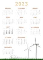 sostenibile energia industria parete calendario design modello per 2023 anno. modificabile singolo pagina 12 mesi vuoto. settimana inizia su domenica. pieno anno costume manifesto pronto per Stampa vettore