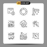 9 nero icona imballare schema simboli segni per di risposta disegni su bianca sfondo. 9 icone impostare. vettore