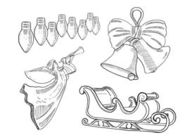impostato di schizzo e mano disegnato elemento Natale collezione impostato lampadina angelo Bambola neve carrello e campana vettore