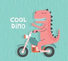 cartone animato dinosauro equitazione un' motociclo. carino dino su un' moto. vettore
