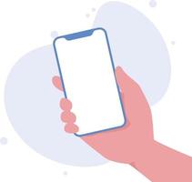 mano Tenere smartphone verticalmente con vuoto schermo vettore illustrazione. Telefono con vuoto schermo, Telefono modello, App interfaccia design elementi