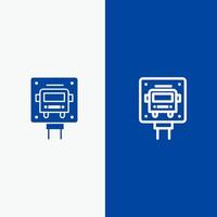 autobus fermare cartello pubblico linea e glifo solido icona blu bandiera vettore