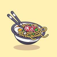 galleggiante ramen spaghetto con uovo, manzo, muffa, verdure e bacchette isolato cartone animato vettore