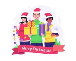 persone celebrare Natale e nuovo anno con i regali e Natale decorazione. allegro Natale e contento nuovo anno. vettore illustrazione nel piatto stile. vettore illustrazione nel piatto stile