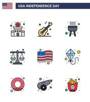 9 Stati Uniti d'America piatto pieno linea segni indipendenza giorno celebrazione simboli di Stati Uniti d'America nazione barbecue scala giustizia modificabile Stati Uniti d'America giorno vettore design elementi