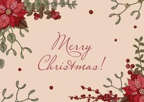 allegro Natale e contento nuovo anno orizzontale saluto carta con mano disegnato poinsettia fiori e vischio brunch. festivo colorato sfondo. vettore illustrazione nel schizzo stile