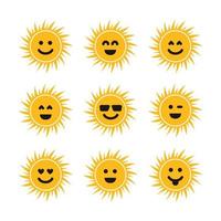 impostato di Soli con sorrisi. nove giallo Soli con diverso sorridente. vettore illustrazione