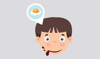 illustrazione di un' molto Affamato bambino sognare di un frittata. vettore