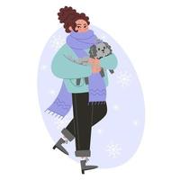giovane donna a piedi con un' piccolo Riccio cane nel inverno vettore