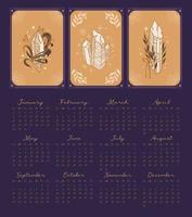 Magia calendario 2023. cristallo impostato con rametti di un' pianta. rituale amuleto. Vintage ▾ illustrazione nel boho stile. Halloween, stregoneria, astrologia, misticismo. 12 mesi di 2023 vettore