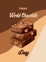 appetitoso pezzi di latte cioccolato con noccioline. celebrare mondo cioccolato giorno con scritta. vettore illustrazione di dolce cibo nel Vintage ▾ stile. per sito web, cartolina, striscione, manifesto.