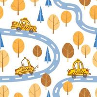 carino cartone animato giallo retrò Taxi unità lungo il strada nel il autunno Di legno. bambini cartone animato illustrazione scandinavo stile. per ragazzi, asilo, sfondo, stampa tessuto, involucro vettore