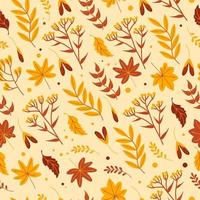 senza soluzione di continuità autunno modello con ingiallito foglie, erbe aromatiche e fiori nel arancia toni su un' beige sfondo, piatto stile. per sfondo, stampa su tessuto, avvolgere, sfondo, Abiti vettore
