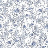 estate fiore papavero prato. luminosa blu modello su un' bianca sfondo. grazioso fiori. moderno illustrazione nel disegnato a mano stile. per tessile, confezione, sfondo. vettore