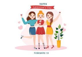 contento di galentino giorno su febbraio 13 ° con festeggiare donne amicizia per loro la libertà nel piatto cartone animato mano disegnato modello illustrazione vettore