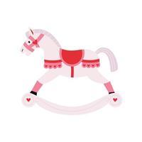 carino natale a dondolo bianca cavallo con rosa increspatura con cuori. di legno oscillante cavallo giocattolo. bambini primo giocattoli per neonato bambini. cowboy giocattolo con ruote. allegro Natale e nuovo anno. vettore