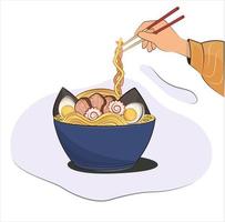 asiatico miso ramen spaghetto ciotola con uova, sveglia, tofu e mano Tenere bastoncini con spaghetto. vettore