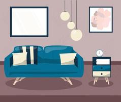 vivente camera con divano. moderno interno design con un' blu divano e cuscini. cartone animato vettore illustrazione.