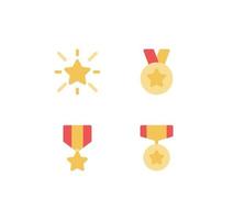 impostato di oro stella distintivo e medaglie con rosso nastro icone, premio, medaglia, nastro e piatto linea varietà vettori. vettore