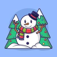 carino pupazzo di neve personaggio è su neve mucchio e Natale albero. allegro Natale. piatto stile vettore illustrazione.