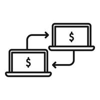 il computer portatile i soldi trasferimento icona schema vettore. Spedire denaro contante vettore