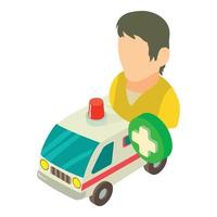 ambulanza icona isometrico vettore. uomo Salute cura lavoratore vicino ambulanza auto icona vettore