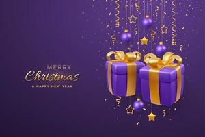 Natale bandiera con 3d regalo scatole con d'oro archi, sospeso oro metallico stelle e palle su viola sfondo. allegro Natale saluto carta. vacanza natale e nuovo anno manifesto. vettore illustrazione.