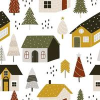 scandinavo carino case tra Natale alberi e astratto arredamento. vettore senza soluzione di continuità modello per Natale e nuovo anno regalo involucro carta