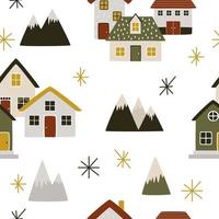 disegnato a mano case nel il montagne nel hygge stile. vettore senza soluzione di continuità modello per Natale e nuovo anno i regali, bambino Abiti, e sfondo