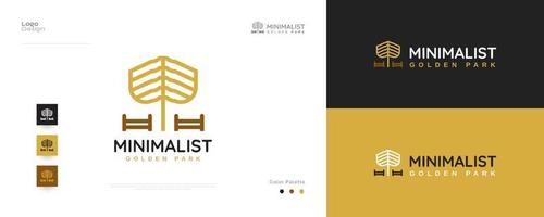 minimalista d'oro parco logo design. semplice giardino illustrazione con albero e panchine per logo o icona vettore