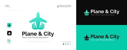 aereo e città logo design con pendenza concetto. moderno e astratto aereo logo o icona, adatto per aviazione, compagnie aeree, turismo, viaggio o vero tenuta attività commerciale logo vettore