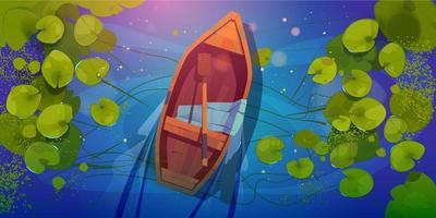 di legno barca su lago superiore Visualizza, skiff con pagaia vettore