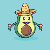 semplice cartone animato illustrazione di carino avocado indossare un' sombrero cappello e maracas musicale strumento. fantasia frutta concetto. vettore