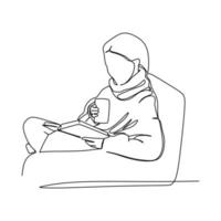 hygge vita stile. uno linea disegno di un' ragazza bevande un' tazza di caffè mentre lettura. disegno design concetto per umore di intimità e confortevole festosità con sensazione di benessere e contentezza. vettore