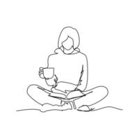 hygge vita stile. uno linea disegno di un' ragazza piste un' tazza di caffè e legge un' libro. disegno design concetto per umore di intimità e confortevole festosità con sensazione di benessere e contentezza. vettore