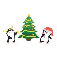 carino cartone animato pinguino con un' Natale albero vettore