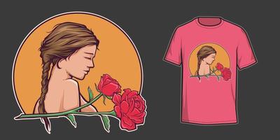donna e rosa fiore illustrazione maglietta design vettore