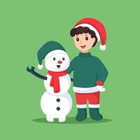 poco ragazzo e pupazzo di neve a Natale personaggio design illustrazione vettore
