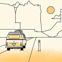 illustrazione di un' minibus in viaggio nel il deserto vettore