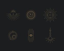set di luna e sole line art. simboli lineari boho minimi. elemento mistico celeste. illustrazione di arte della linea vettoriale. vettore