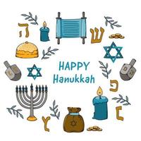 contento hanukkah modello sfondo con vacanza simboli. vettore illustrazione mano disegnato scarabocchi stile.