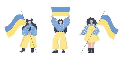 piatto persone Tenere ucraino bandiera a rally. moderno personaggi supporto per Ucraina. In piedi con Ucraina concetto. fermare guerra. vettore illustrazione isolato su bianca sfondo per ragnatela