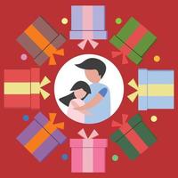 Natale giorno sfondo vettore gioioso amore carino gruppo di regalo scatola e coppia o padre e figlia abbraccio per in linea bandiera Natale giorno o coppia o compleanno su rosso sfondo design illustrazione.