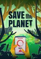 Salva il pianeta cartone animato manifesto con smartphone App vettore